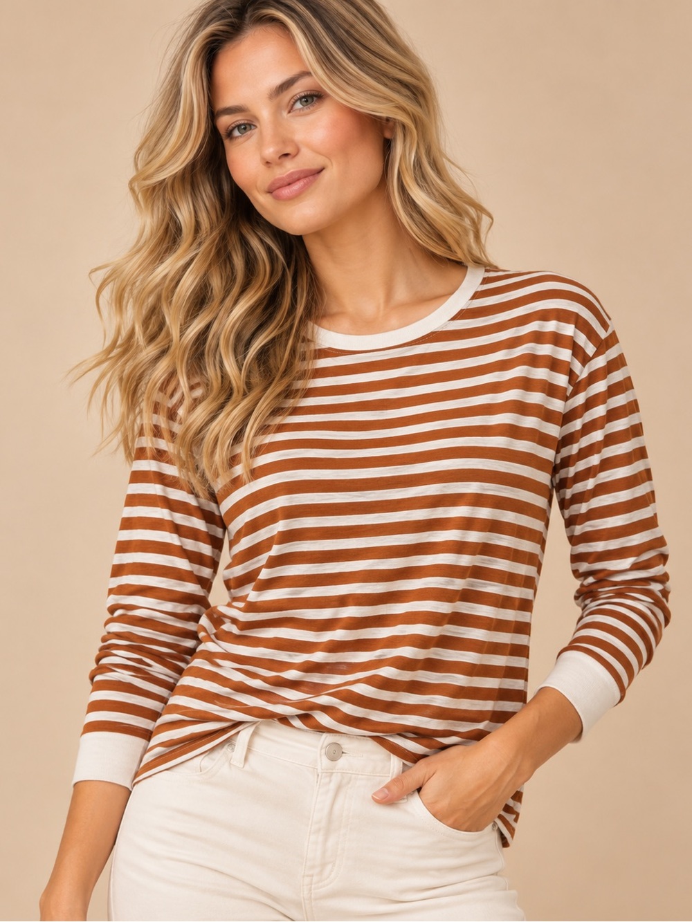 J.Crew XL Burnt Orange Ivory Striped Long Sleeve Tee Coastal Preppy